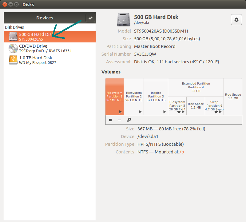 Selecting hard disk from disks app in Ubuntu